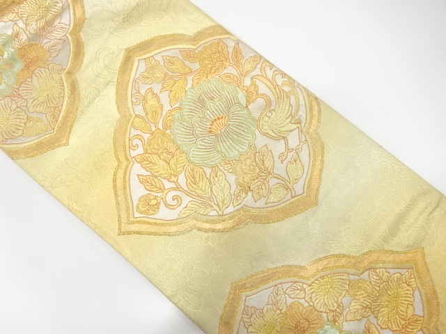 ys7378652; 縞に鳳凰・花更紗模様織り出し 袋帯 ペルシャ 更紗文高級絹製